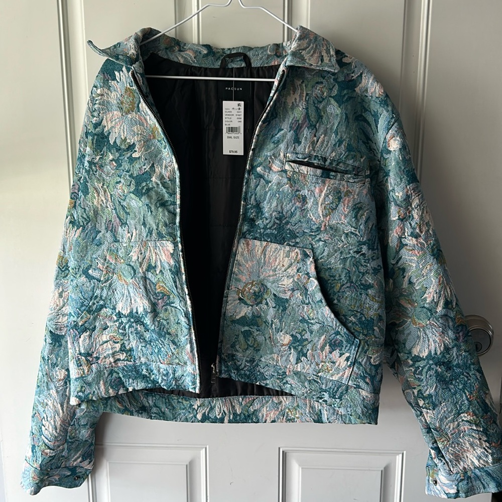 PacSun Blue and Green Bomber Jacket Artistic Design